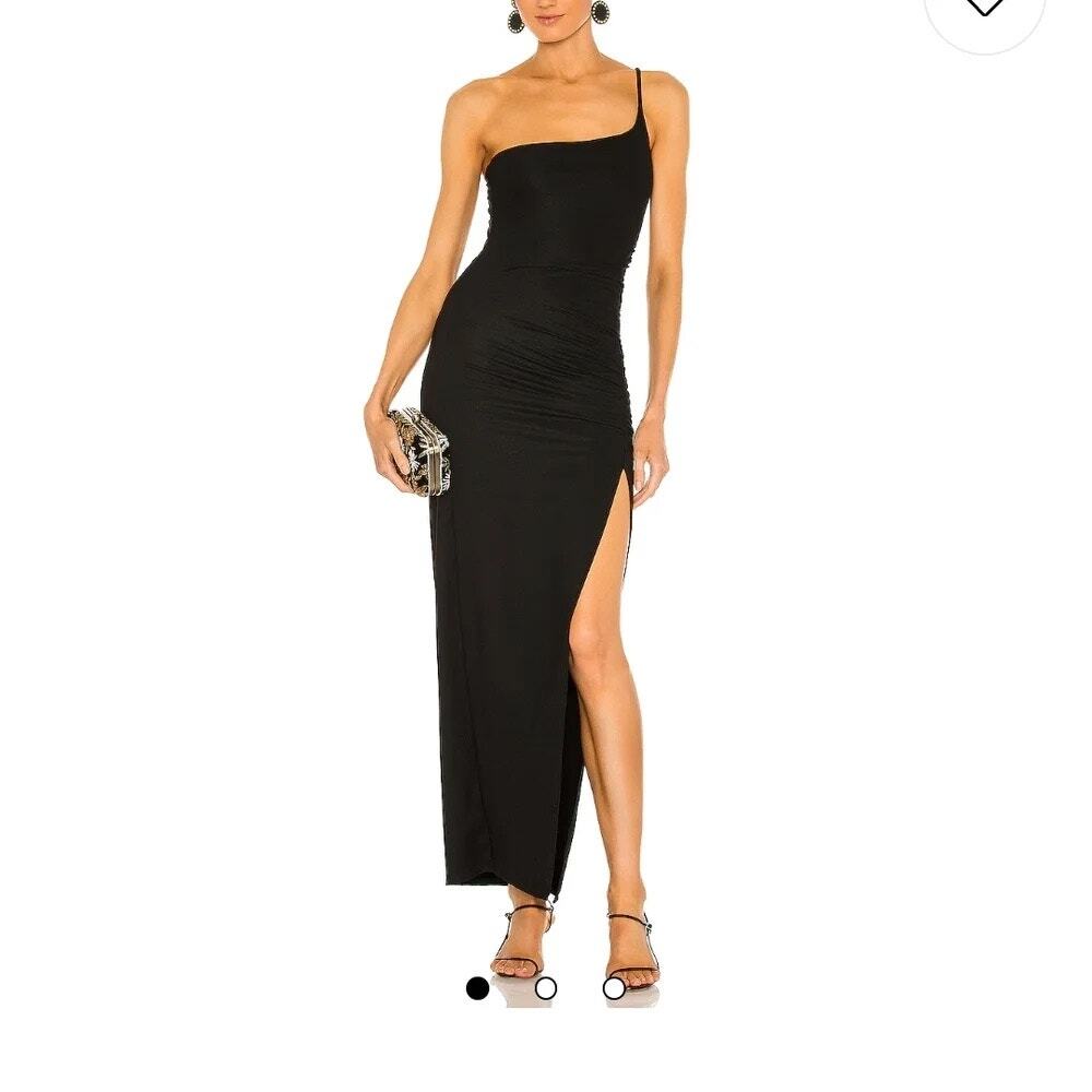 Lovers and Friends Black Small One Shoulder Maxi Gown Slit Ruched Wedding Formal
